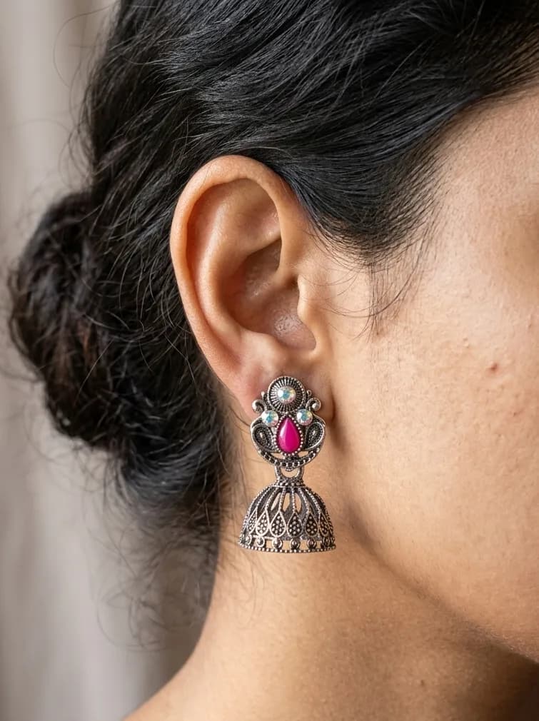 Pink Teardrop Oxidised Jhumkas