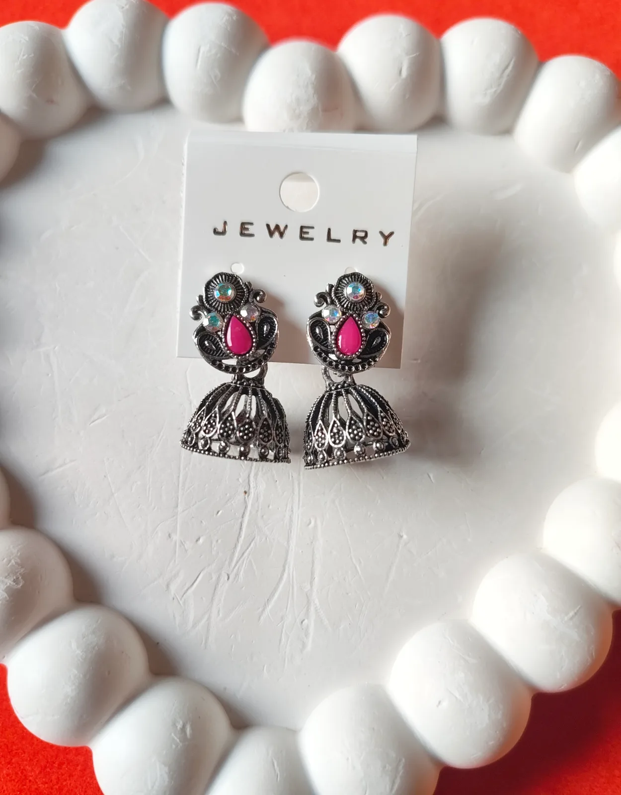 Pink Teardrop Oxidised Jhumkas 2
