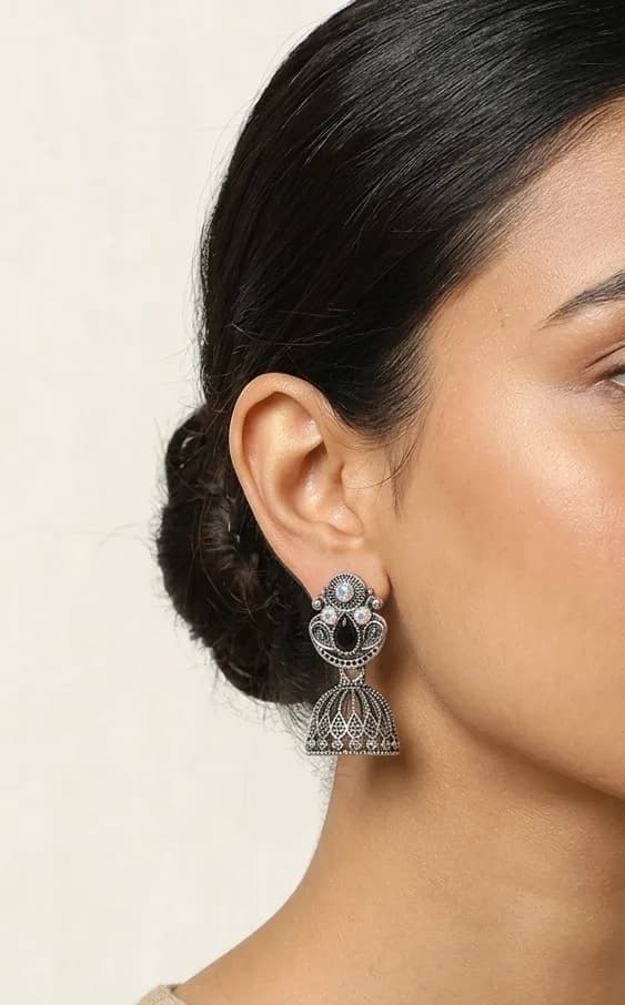 Oxidised Silver Jhumka Earrings with Black Teardrop