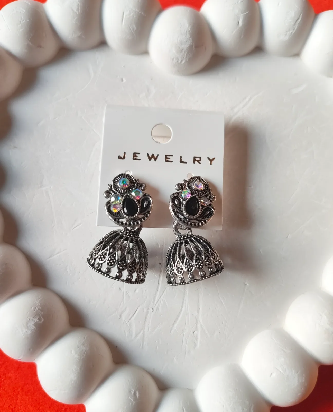Oxidised Silver Jhumka Earrings with Black Teardrop 2