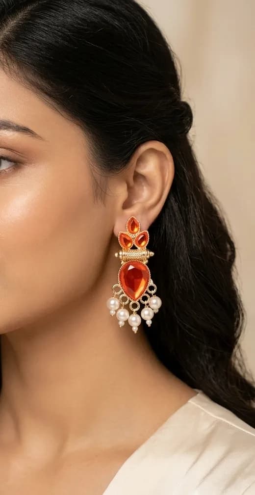 Red Stone & Faux Pearl Drop Earrings