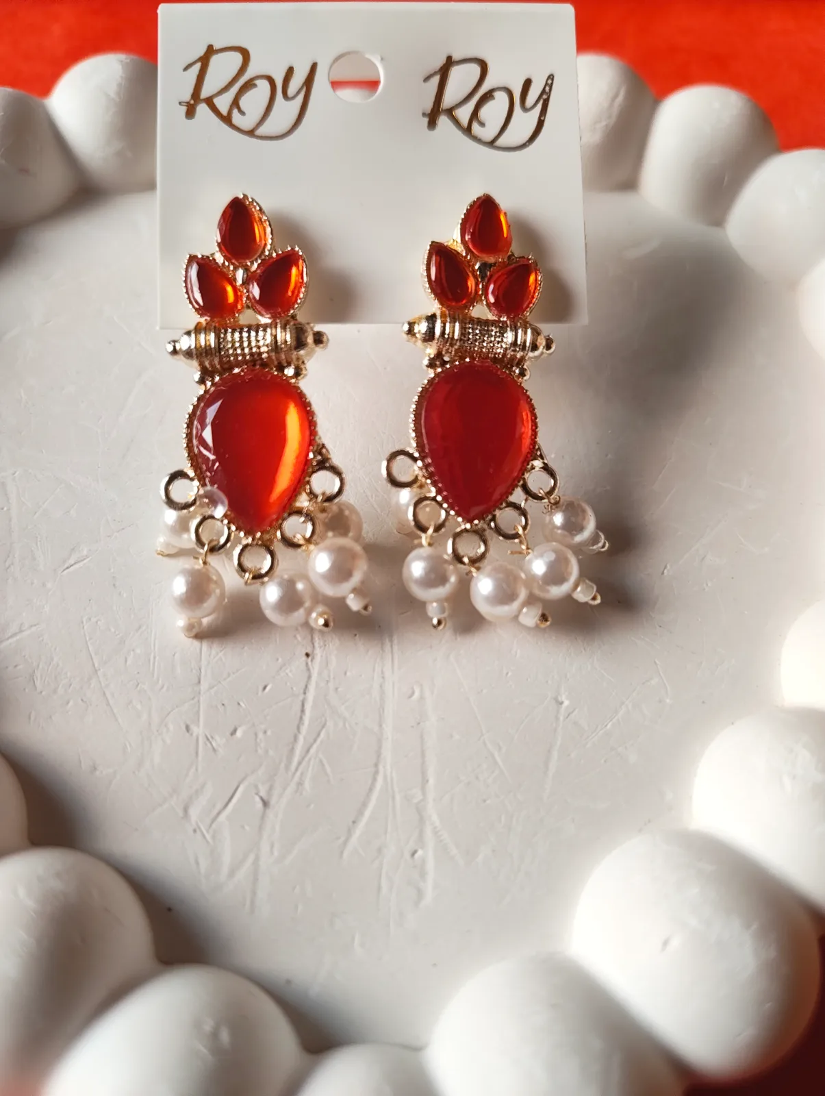 Red Stone & Faux Pearl Drop Earrings 2
