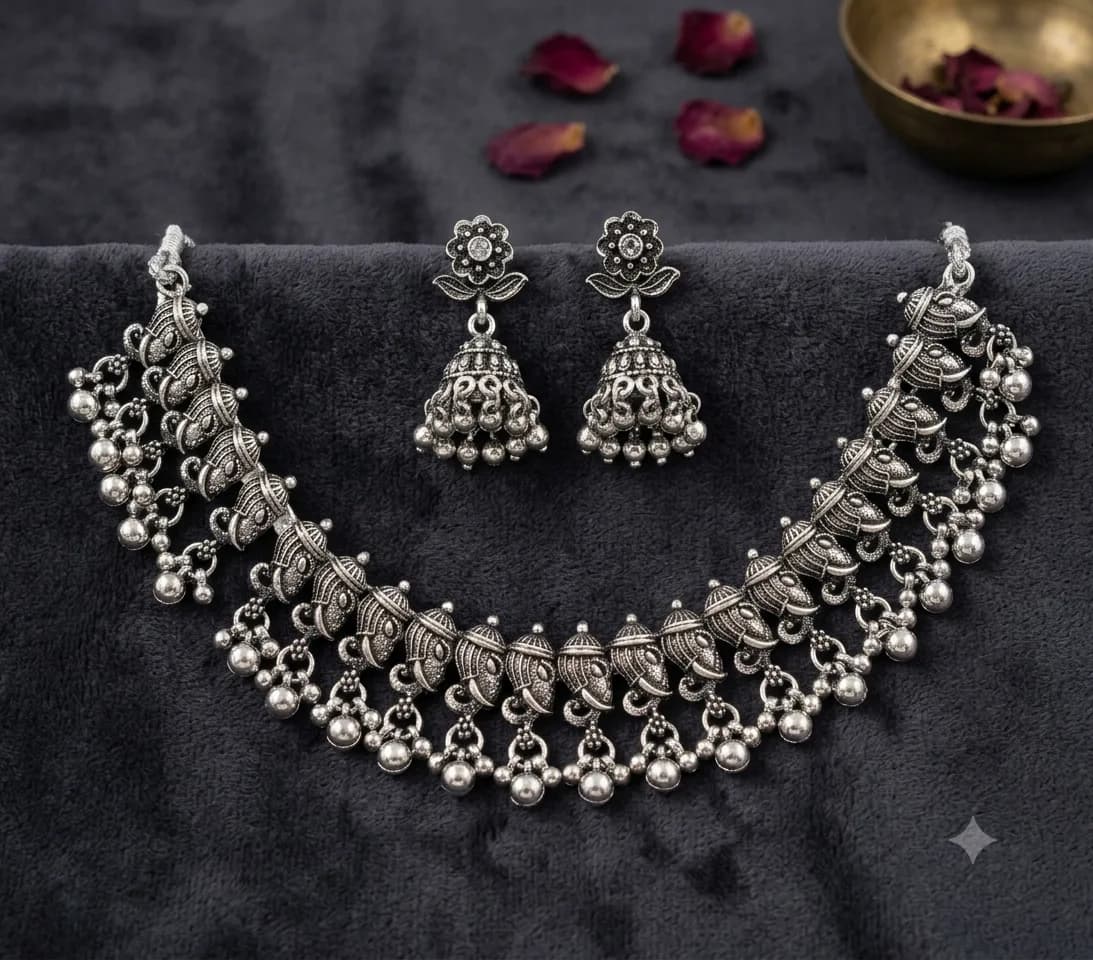 Oxidized Multi-Tier Necklace and Jhumki Set