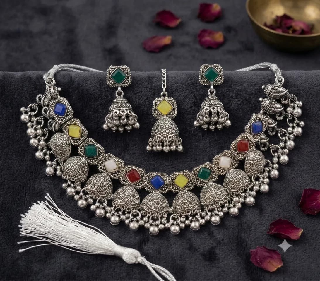 Oxidized Silver-Plated Multi-Color Stone Jhumki Choker Necklace Set with Earrings & Maang Tikka