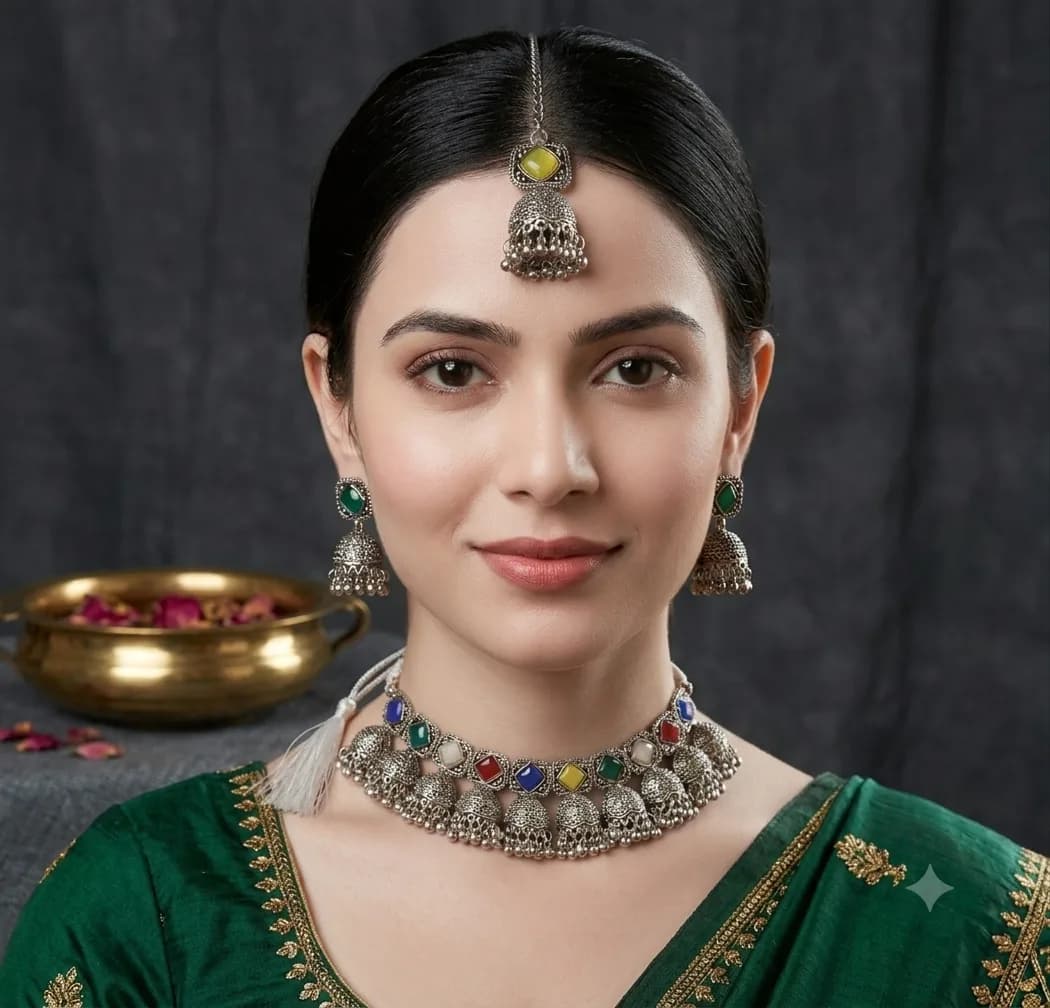 Oxidized Silver-Plated Multi-Color Stone Jhumki Choker Necklace Set with Earrings & Maang Tikka 2
