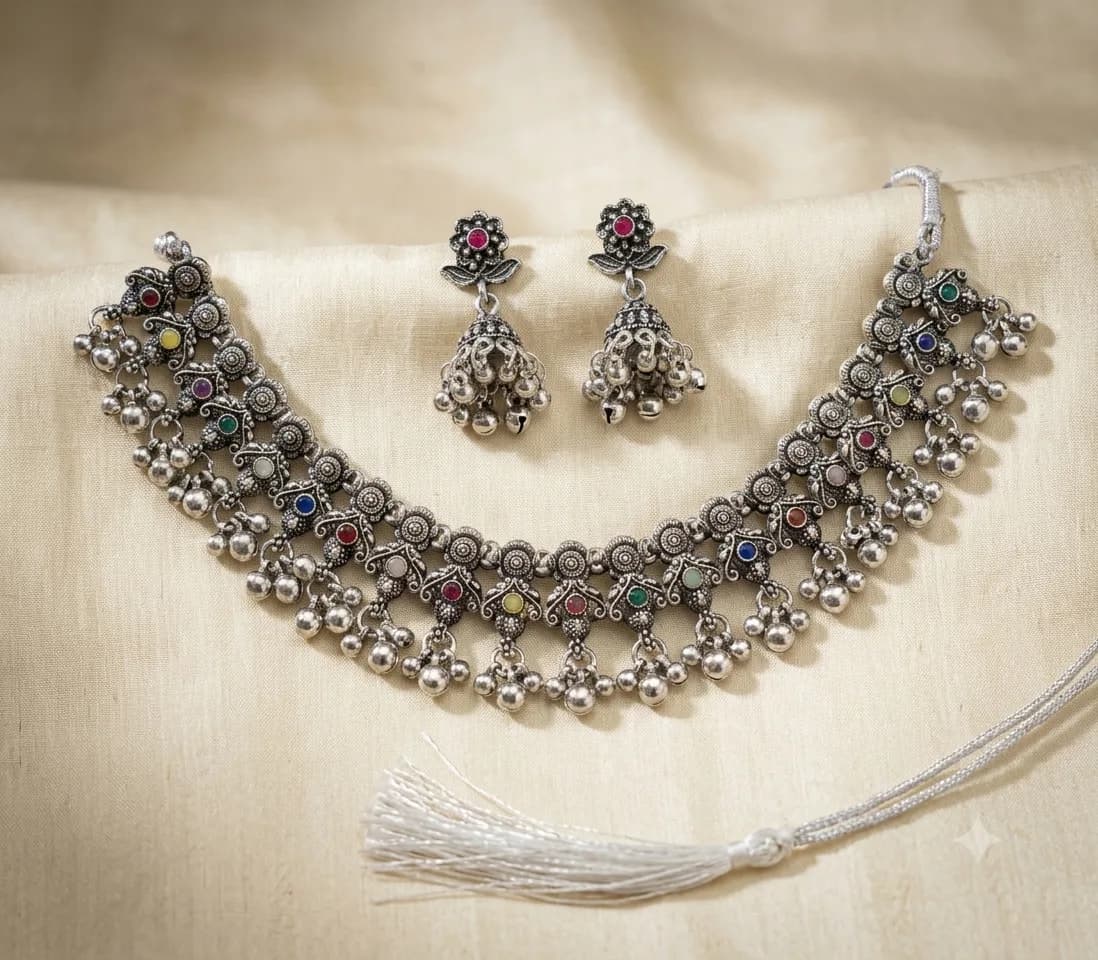 Premium Oxidized Silver-Toned Ethnic Choker Necklace & Jhumka Set with Multicolor Stones