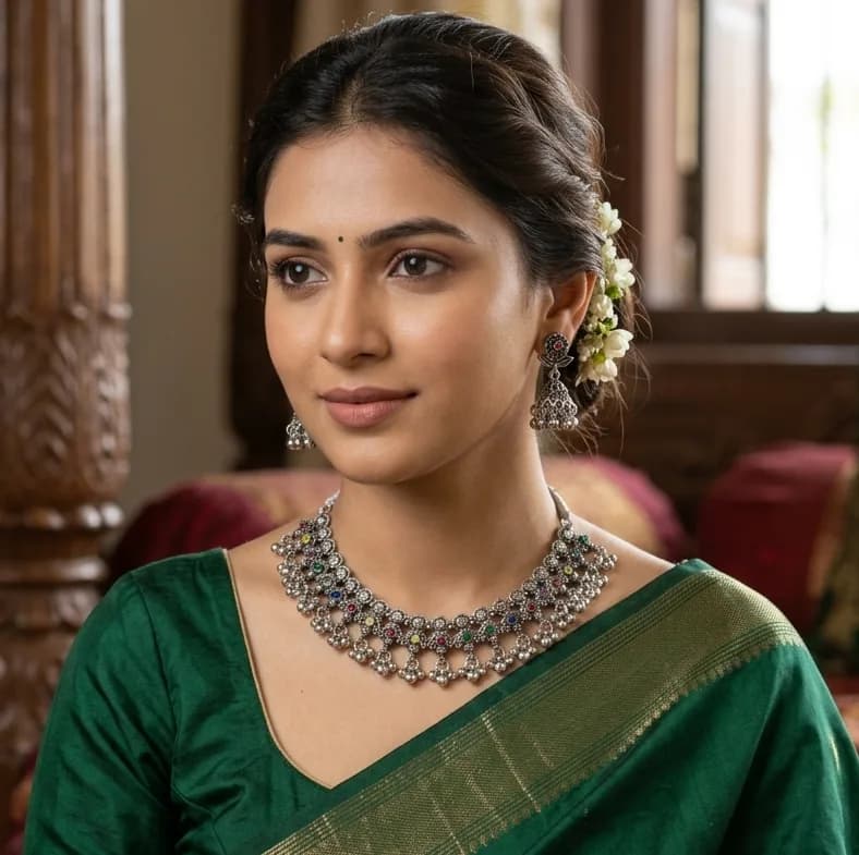 Premium Oxidized Silver-Toned Ethnic Choker Necklace & Jhumka Set with Multicolor Stones 2