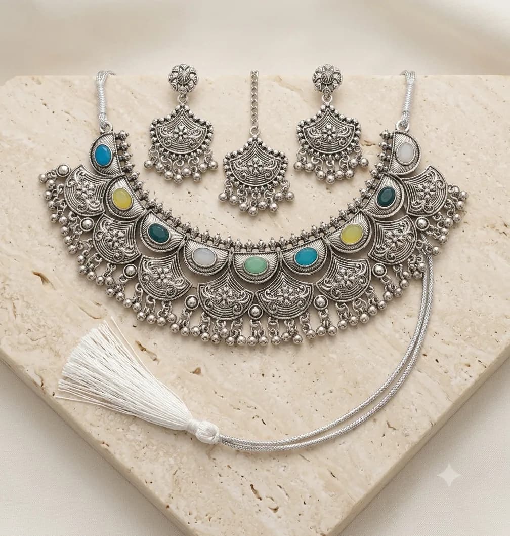 Oxidized Silver Choker Set with Multi-Color Stones (Includes Earrings & Maang Tikka)