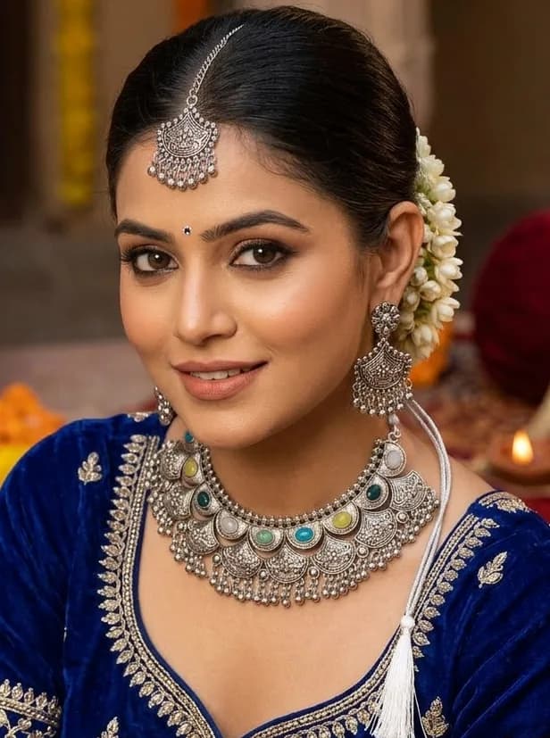 Oxidized Silver Choker Set with Multi-Color Stones (Includes Earrings & Maang Tikka) 2