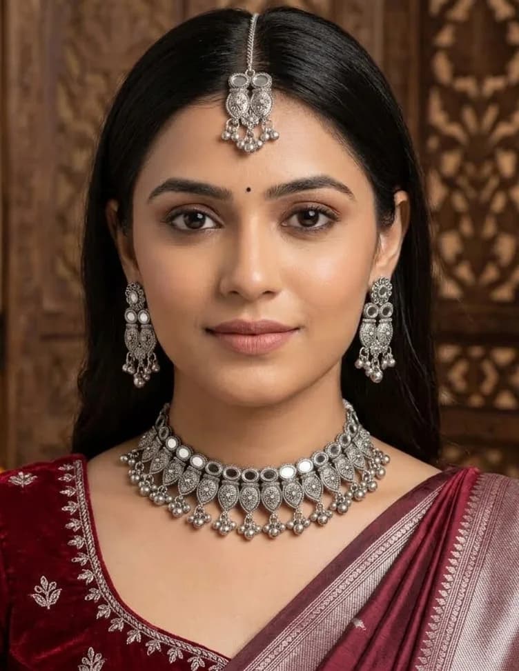 Oxidised Silver Mirror-Work Choker Jewellery Set with Earrings & Maang Tikka