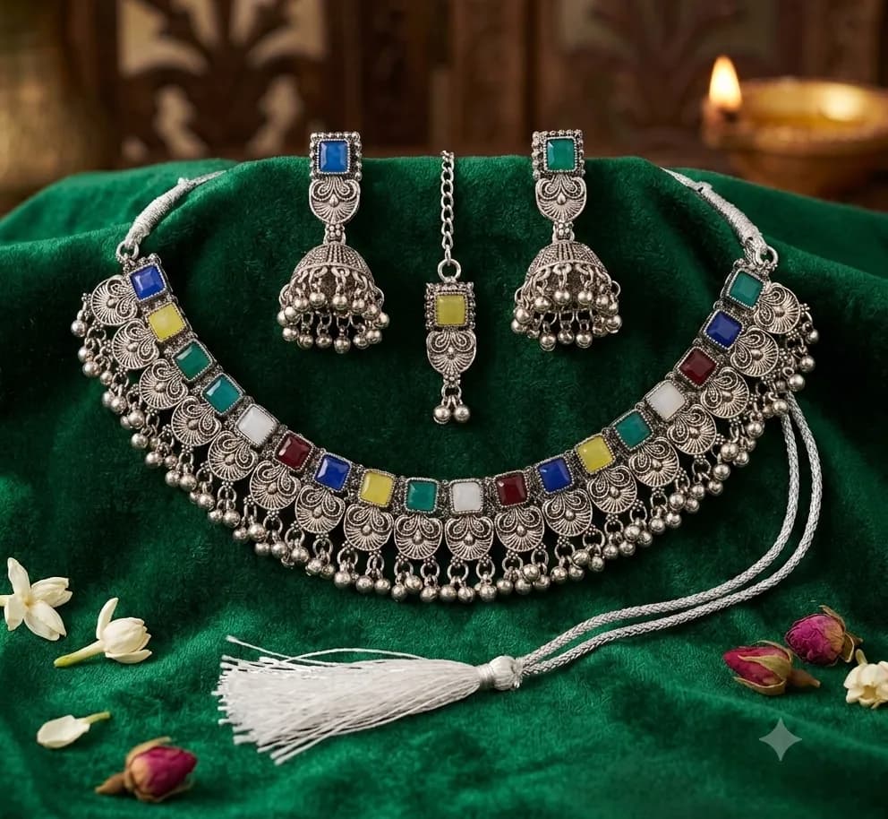 Multi-Color Oxidised Silver-Plated Choker Necklace Set with Jhumkas & Maang Tikka