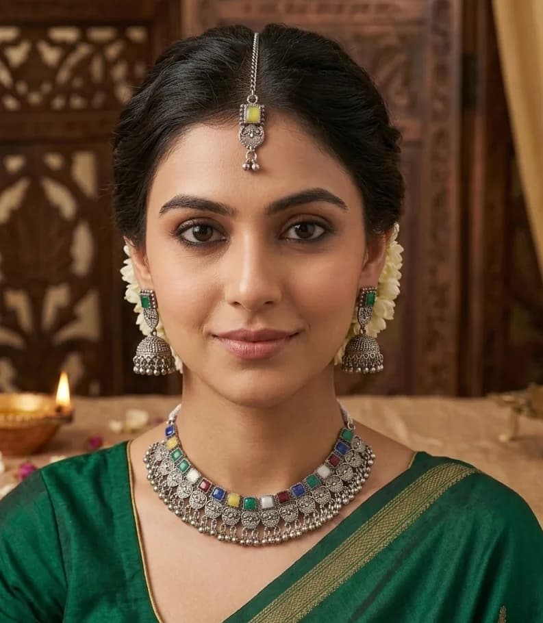 Multi-Color Oxidised Silver-Plated Choker Necklace Set with Jhumkas & Maang Tikka 2